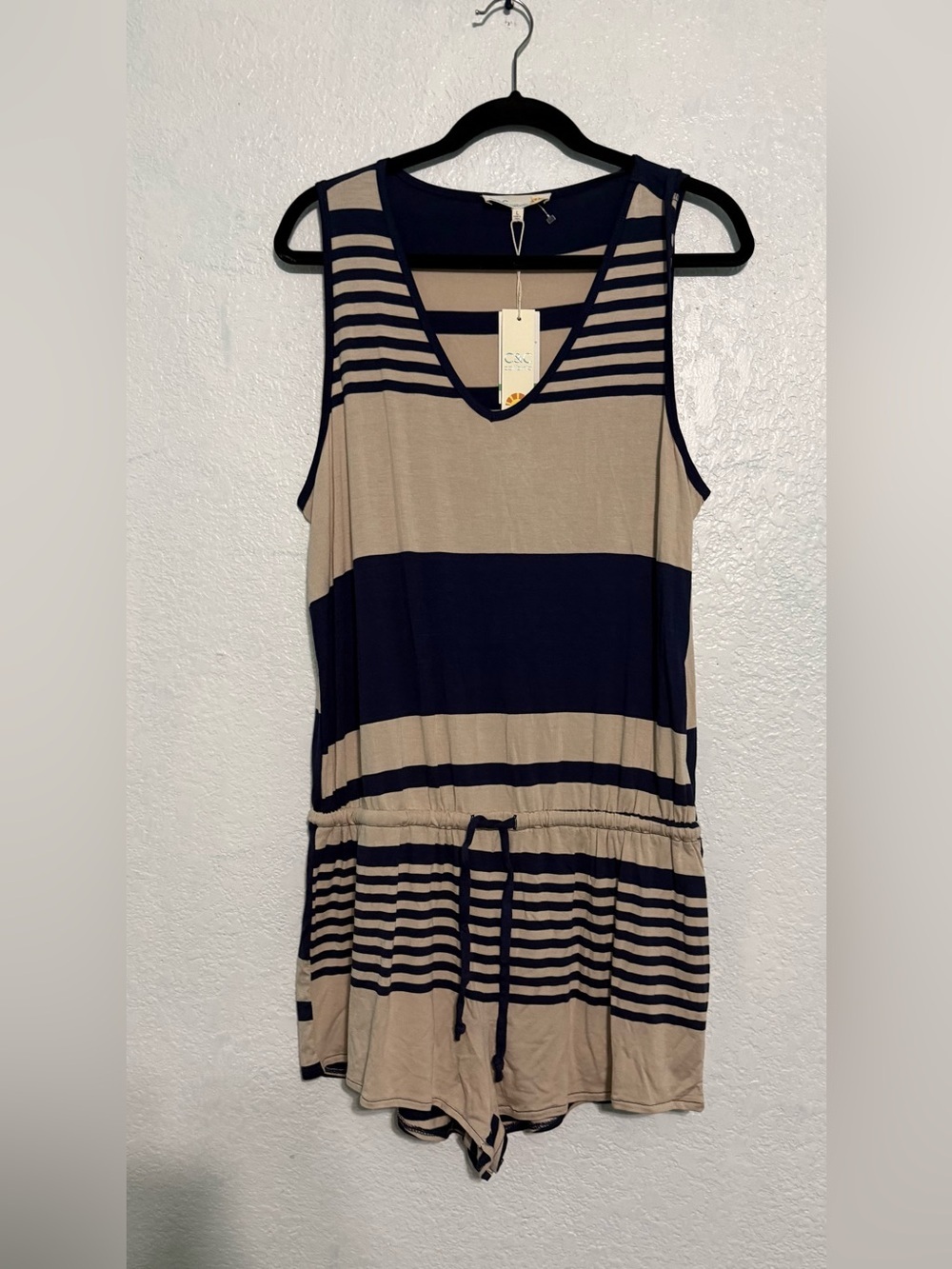 C&C California Navy and Tan Striped V-Neck Romper with Drawstring - Picture 2 of 5